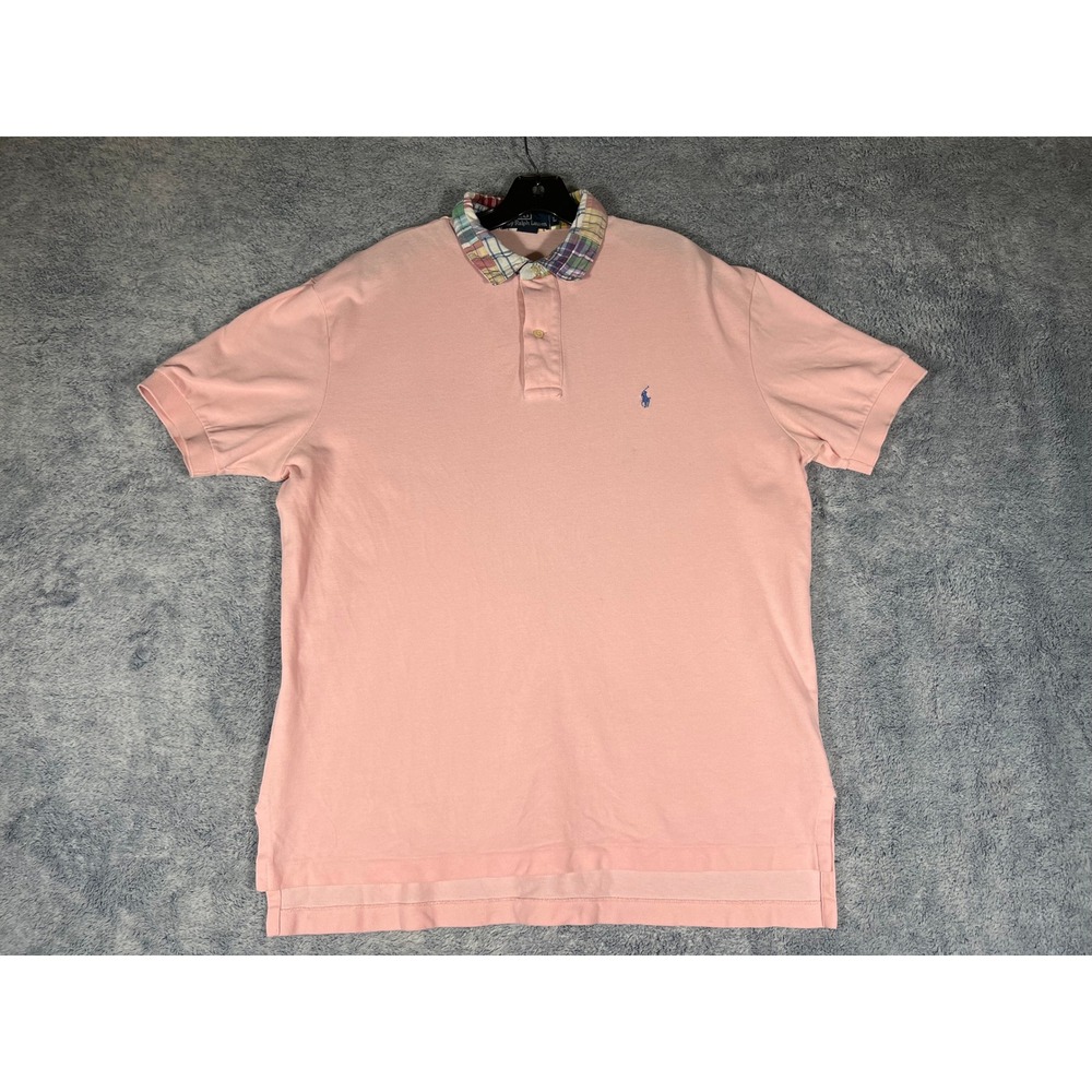 Polo Ralph Lauren Mens Pink Polo Shirt Plaid Patchwork Collar Large Short Sleeve